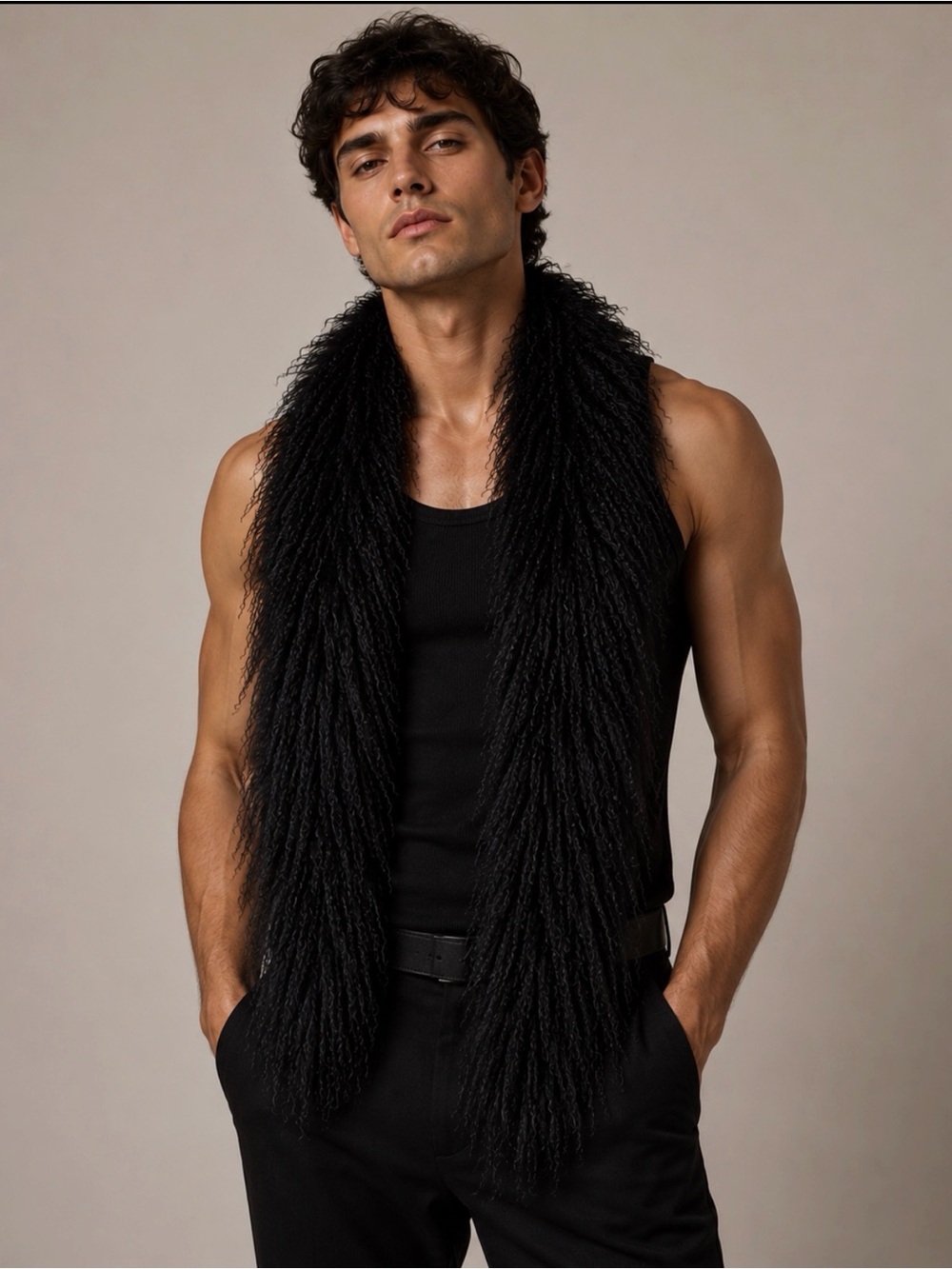Vintage Adrienne Landau Genuine Black Curly Fur Scarf Wrap Stole Luxury 37” Men